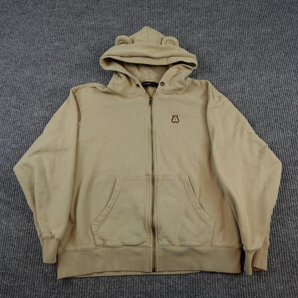 Teddy Fresh Hoodie Mens Large Beige Full Zip Fleece Sweatshirt Bear Ears Patch